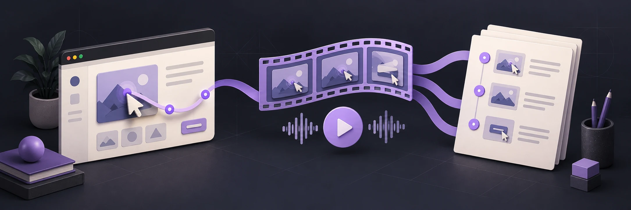 A browser workflow becoming a narrated tutorial video and an annotated written guide.