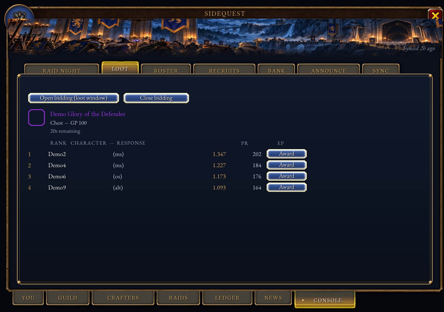 The Loot tab: bids ranked by PR with Award buttons