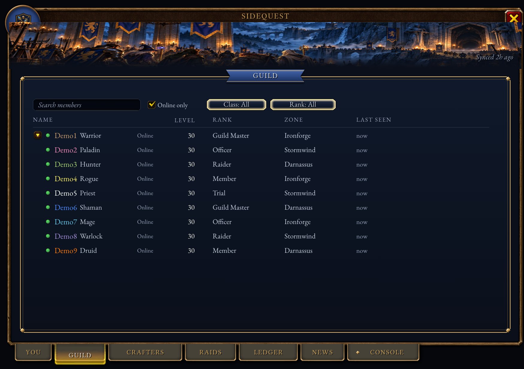 The Guild tab: the roster with search and filters