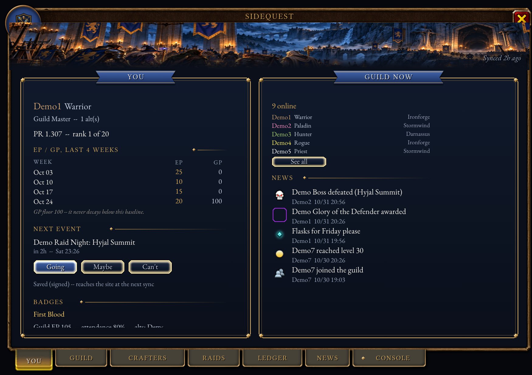 The You tab: your points, your next raid, who's online and guild news