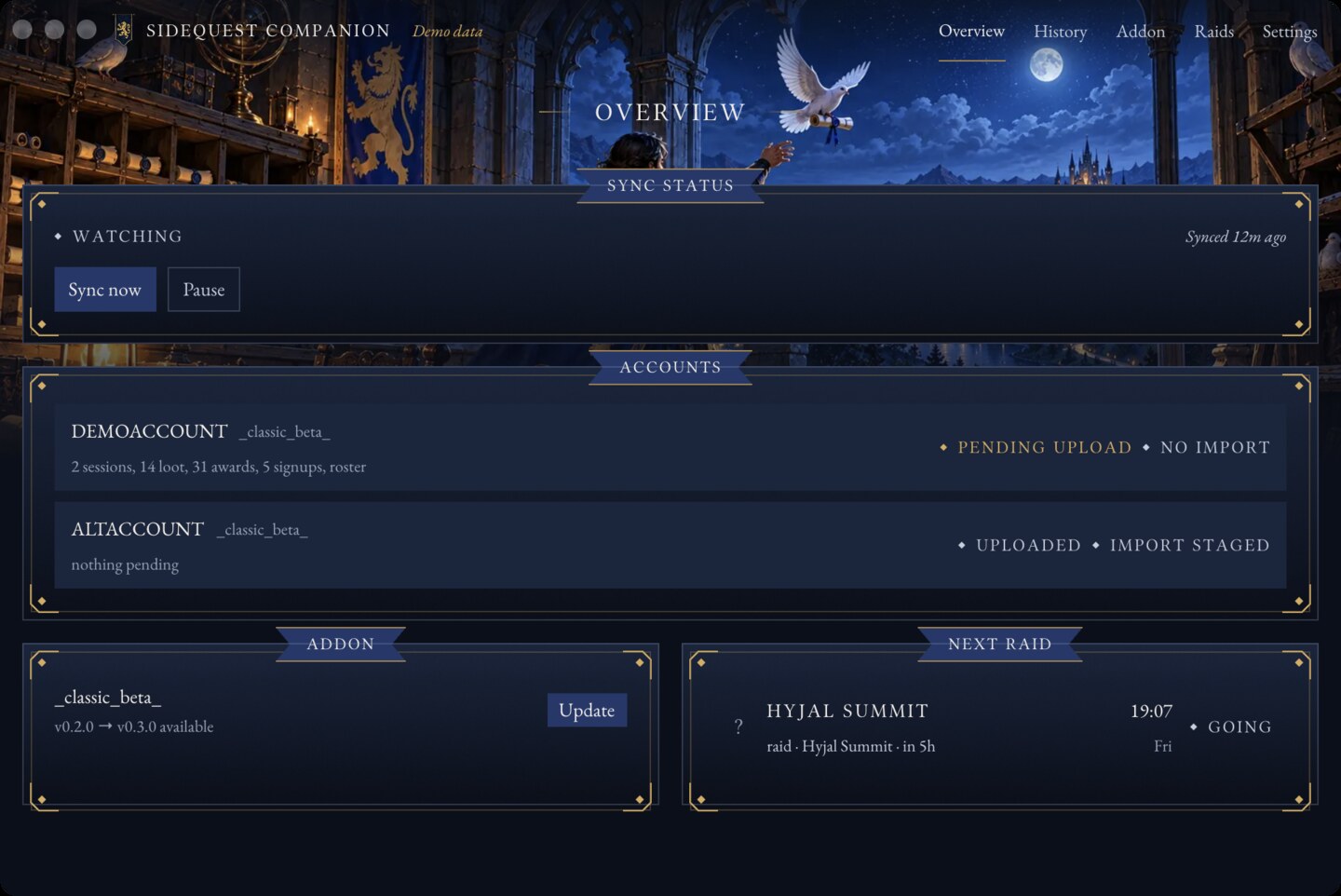 Overview tab: last sync, upcoming raid, addon version