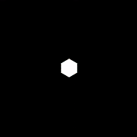 A rotationally symmetric ruleset named mossy bramble growing from a single hexagonal seed, with rule-based coloring