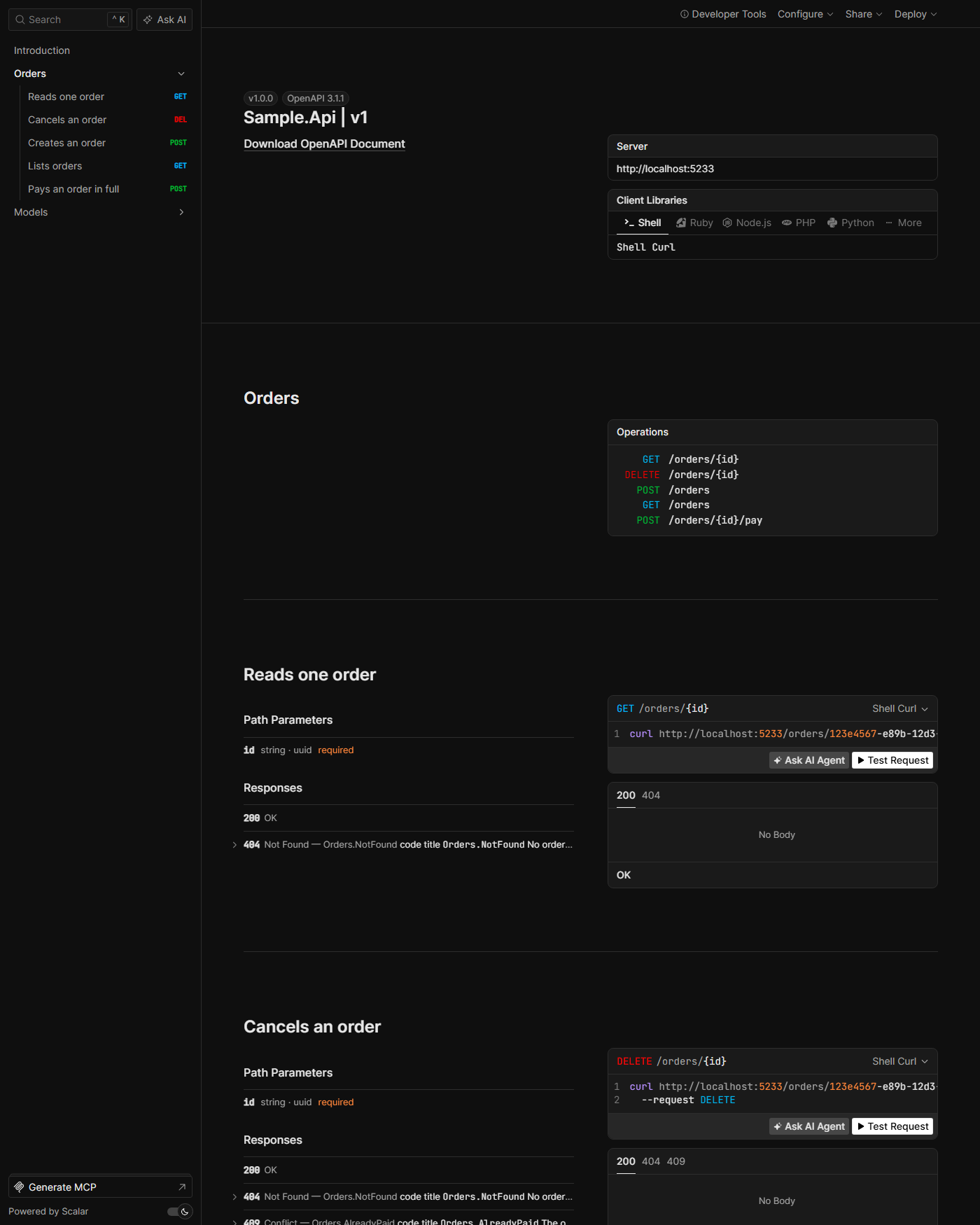 Scalar API reference listing all five endpoints, each with its error responses