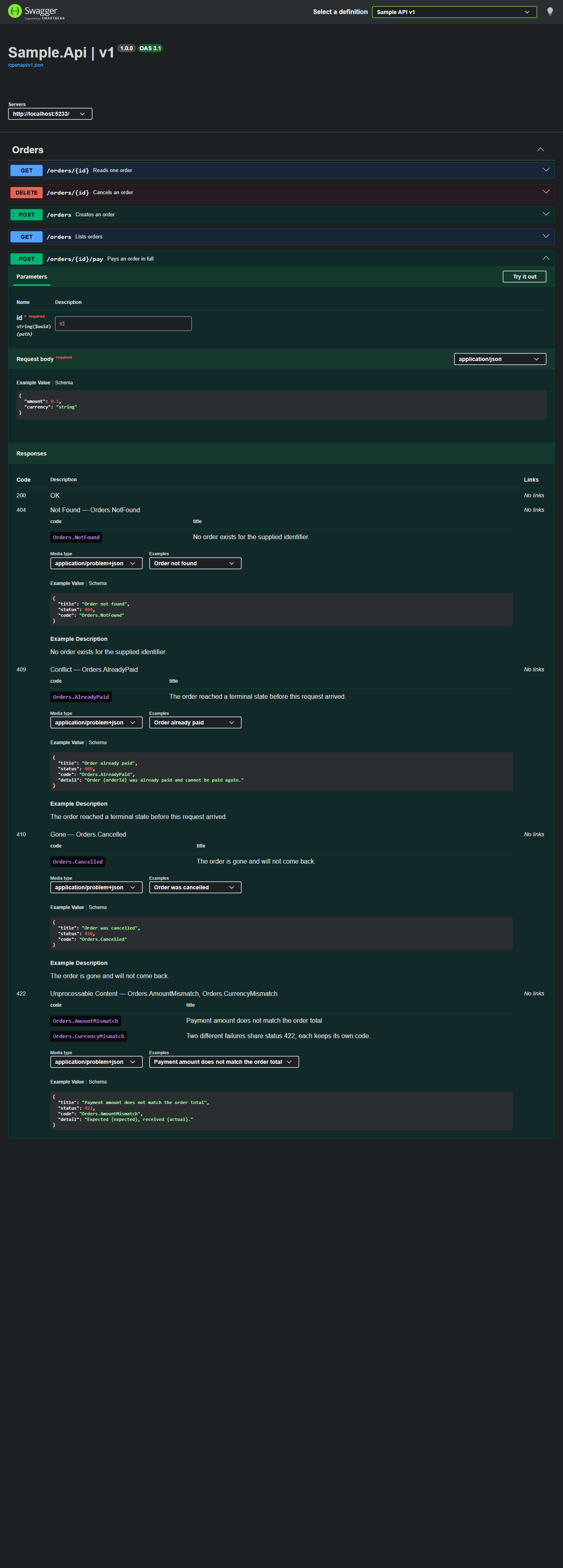 Swagger UI showing the pay endpoint with 200, 404, 409, 410 and 422 responses, each listing its error codes and example problem documents