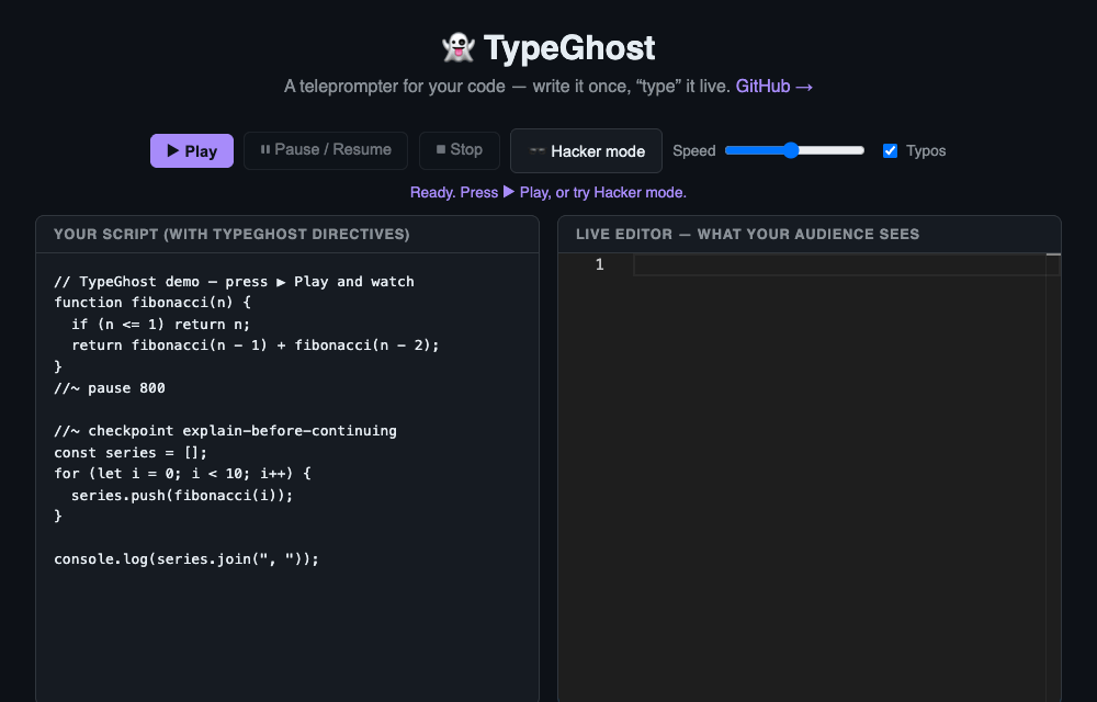 TypeGhost typing a fibonacci function by itself, pausing at a checkpoint, then finishing