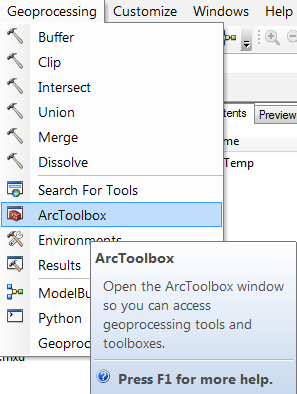 Geoprocessing > ArcToolbox