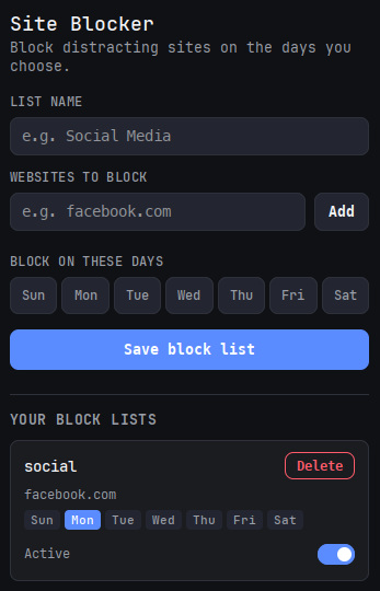 Disrupt popup showing block list creation with day picker