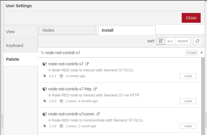 Instalacja pakietów w narzędziu Node-Red