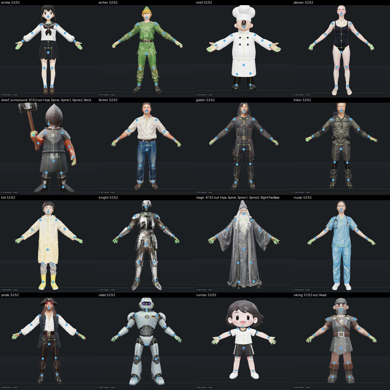 Sixteen generated characters, each with the fitted humanoid skeleton drawn over it