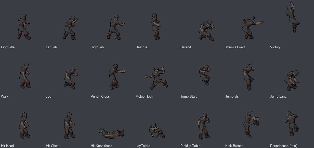 One frame of each of the 21 moves of the Double Dragon set, drawn as pixel art from the bench viking