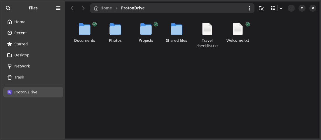 Proton Drive bookmark and green offline checkmarks in GNOME Files