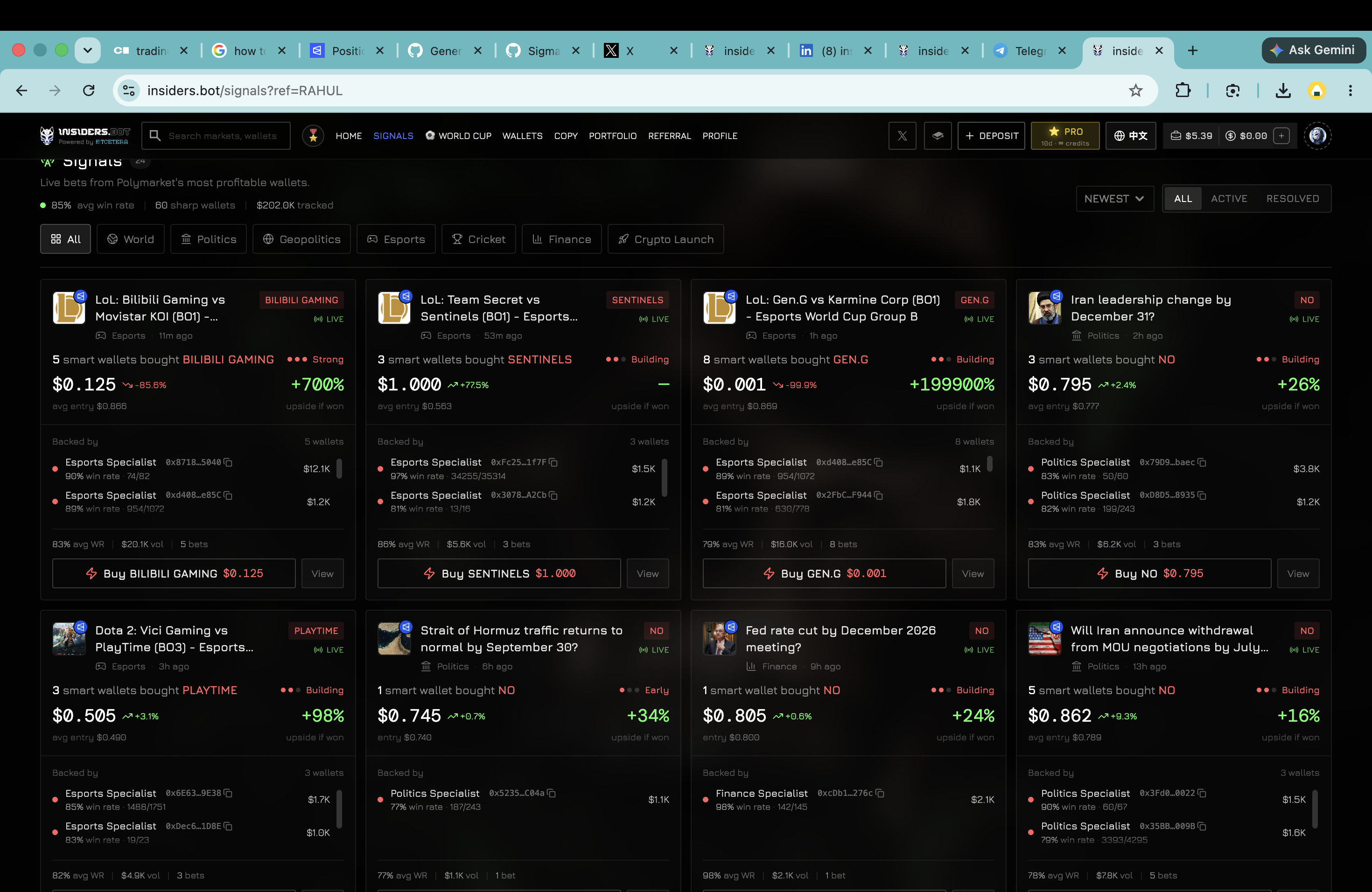 insiders.bot signals, live bets from the most profitable wallets