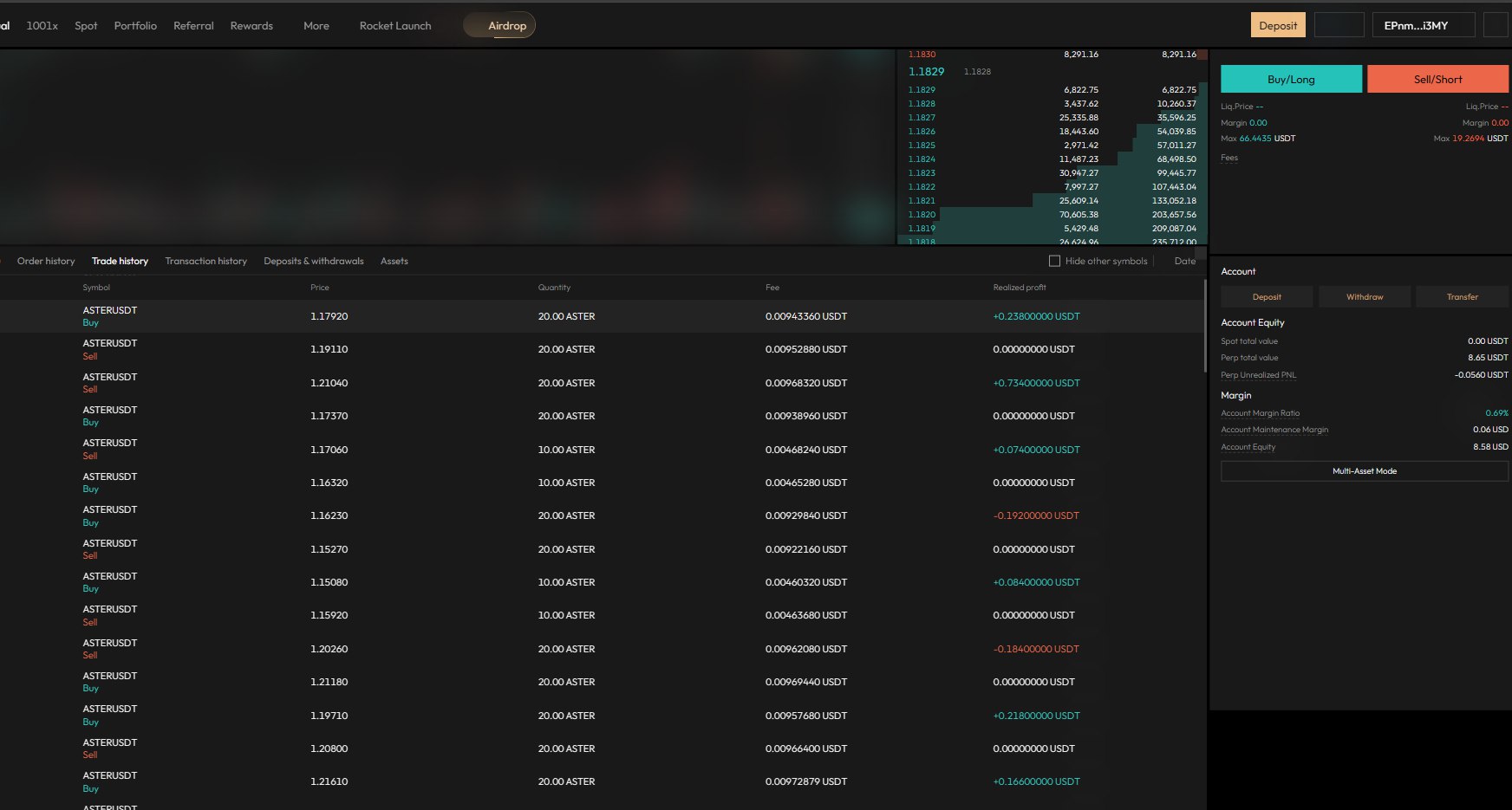 Trading UI: order book, execution, and trade history with mixed P&L