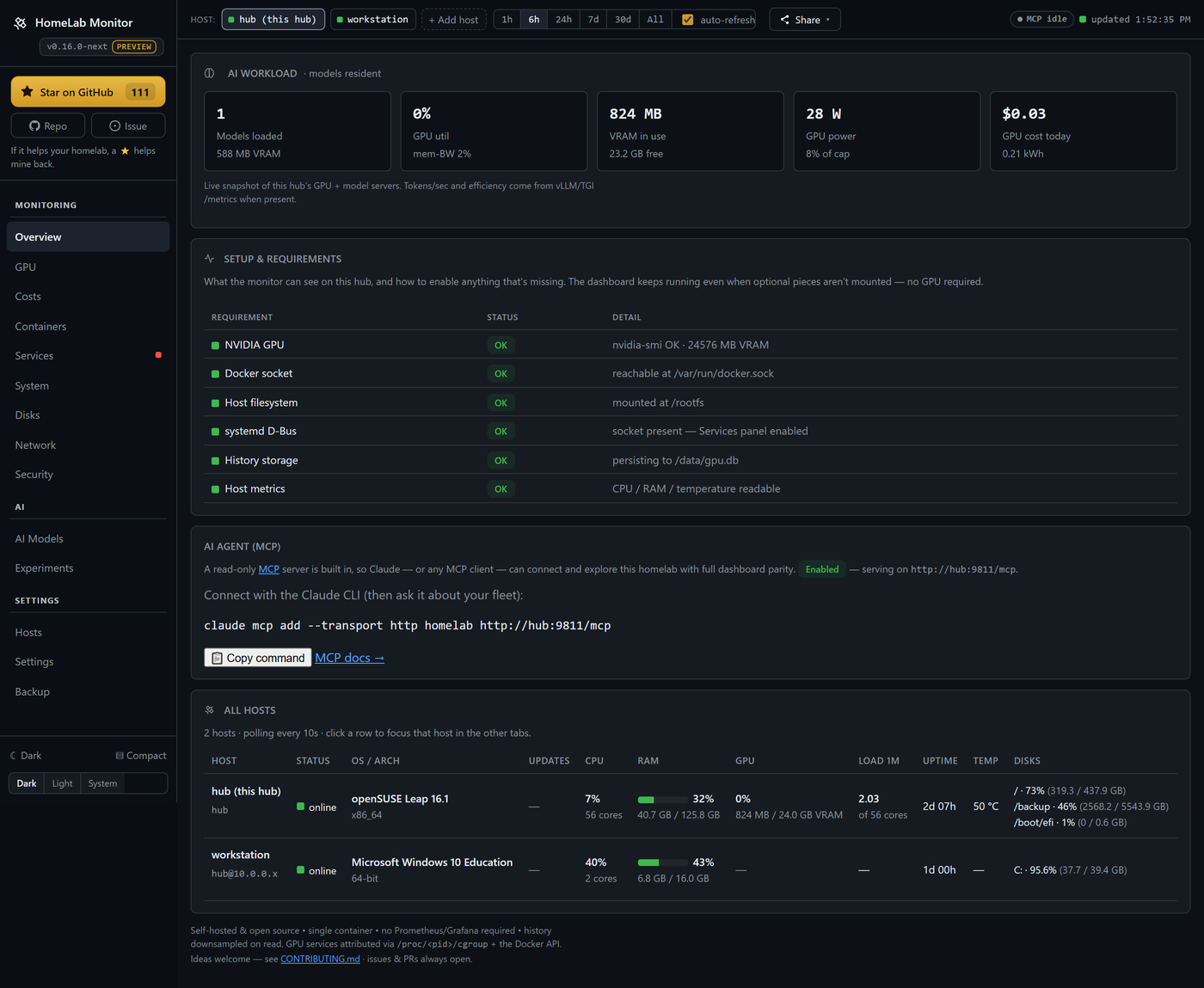 The Overview — your whole fleet at a glance, with an AI-workload band up top