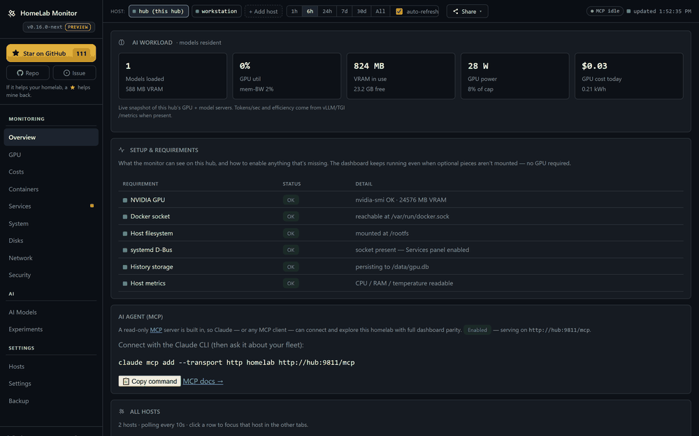 HomeLab Monitor — a tour of the dashboard: Overview, GPU truth, Costs, AI Models and Experiments