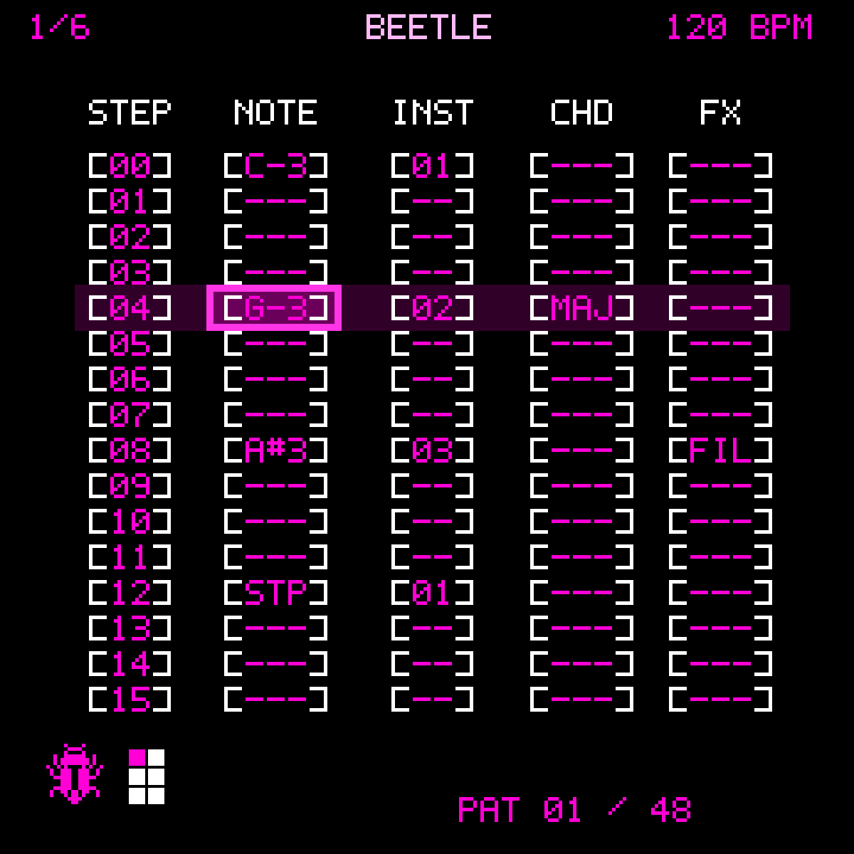 BEETLE tracker screen in pink on black showing a pattern grid with step, note, instrument, chord and effect columns, 120 BPM and pattern 01 of 48
