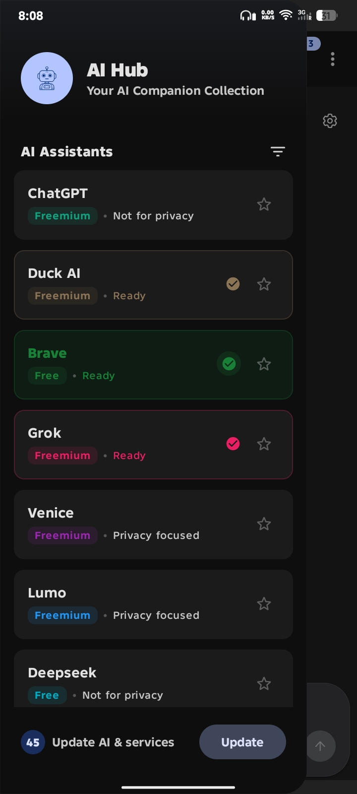 AI Hub 화면에서 ChatGPT, Duck AI, Brave, Grok, Venice, Lumo, Deepseek 같은 AI assistant를 요금제와 privacy 상태와 함께 목록으로 관리합니다.