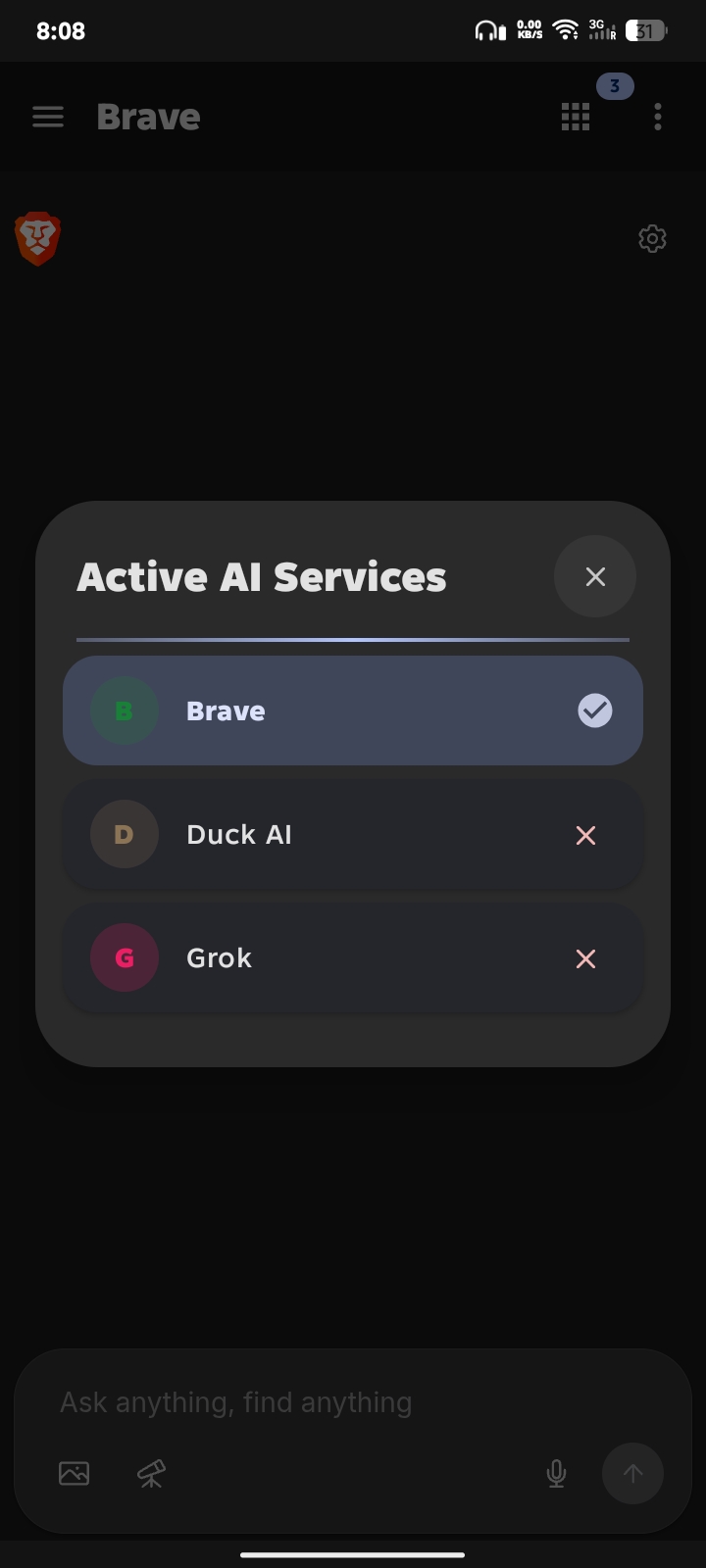 Brave, Duck AI, Grok 중 현재 활성화된 AI 서비스를 선택하는 Active AI Services 패널입니다.