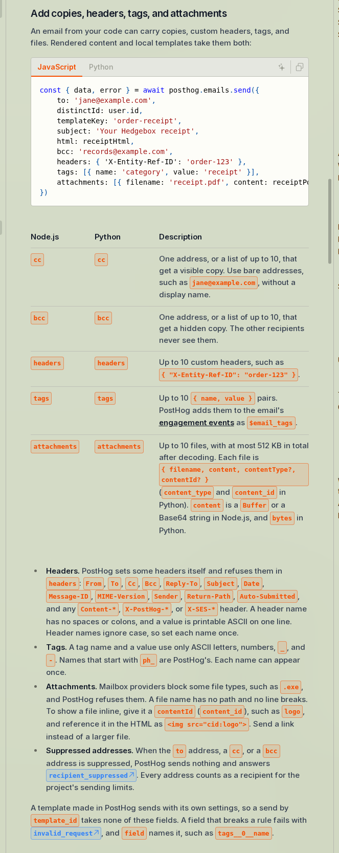 Copies, headers, tags, and attachments