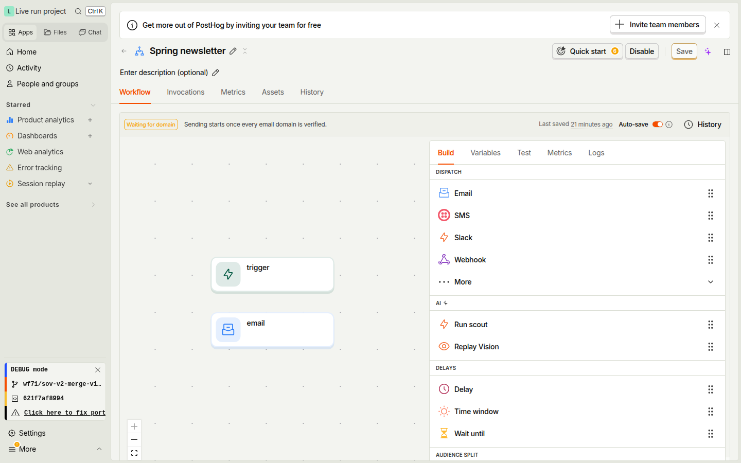 Waiting workflow header with the Waiting for domain tag and its explanation