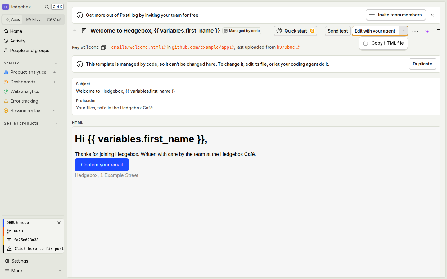 The split button's side menu with Copy HTML file