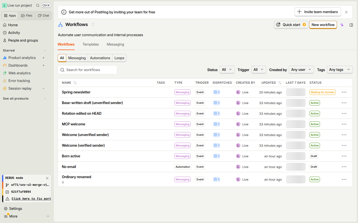 Workflows list with a Waiting for domain row next to Active and Draft rows