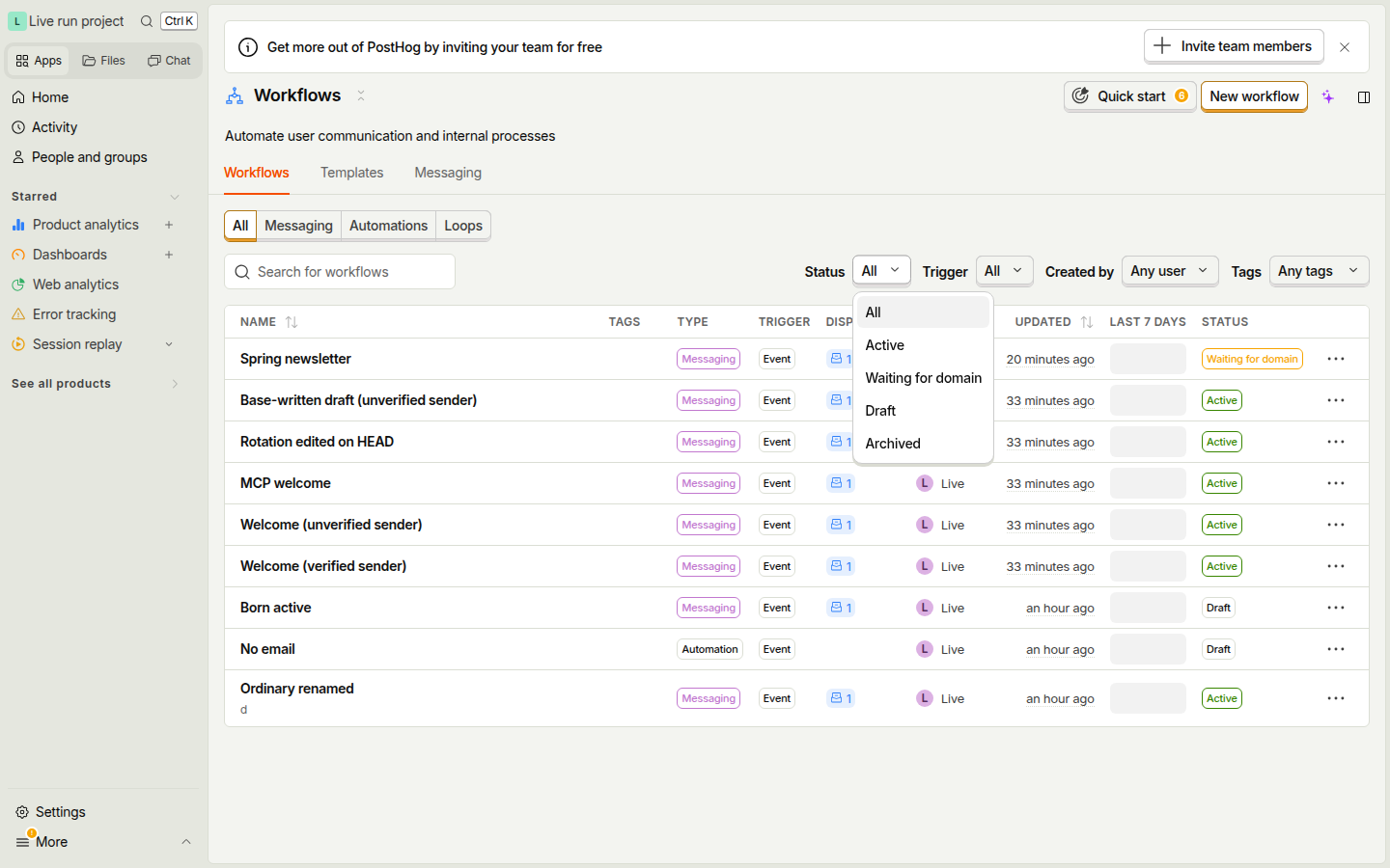 Status filter open with the Waiting for domain option