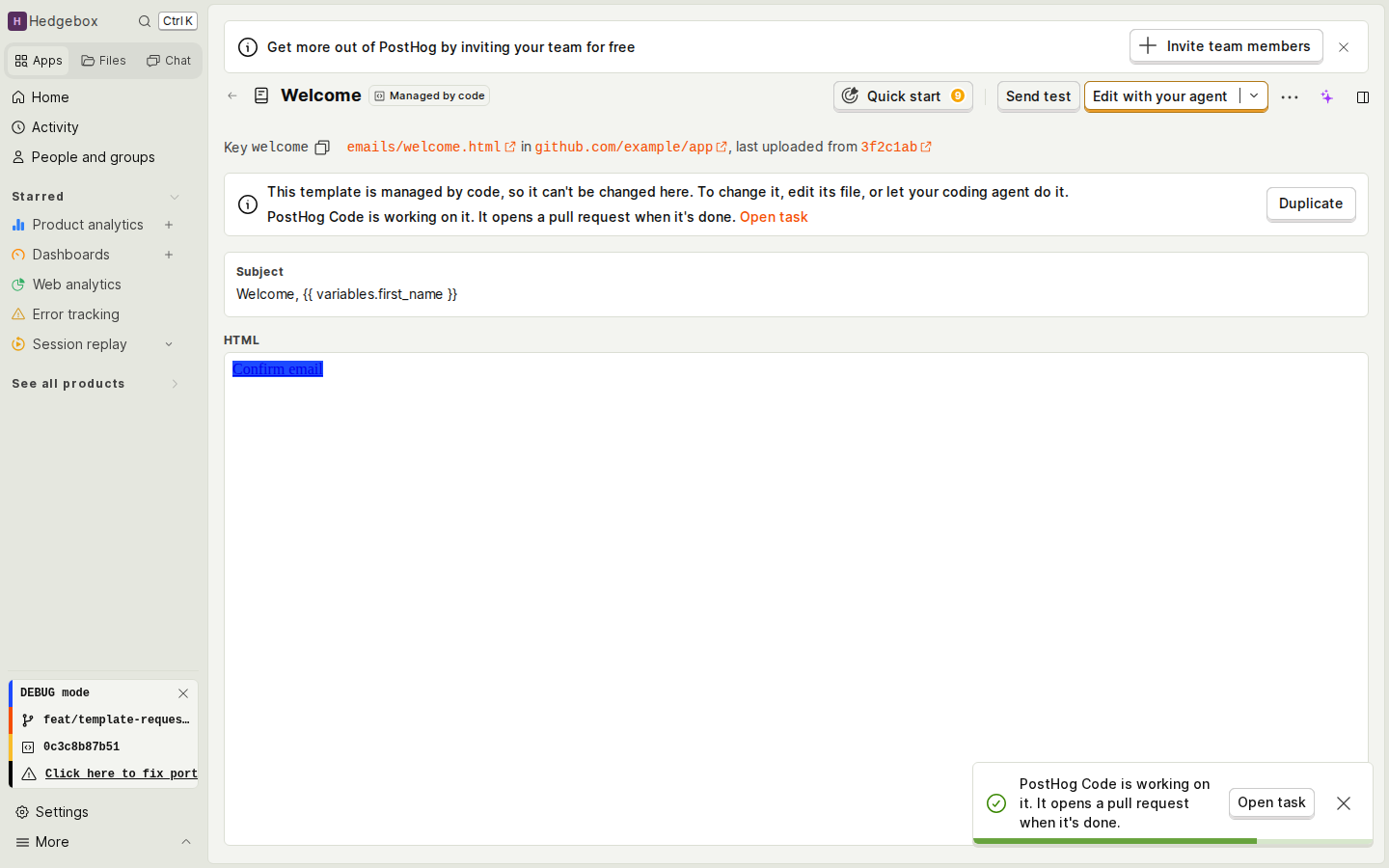 The page after PostHog Code started, with the toast and the notice's Open task link