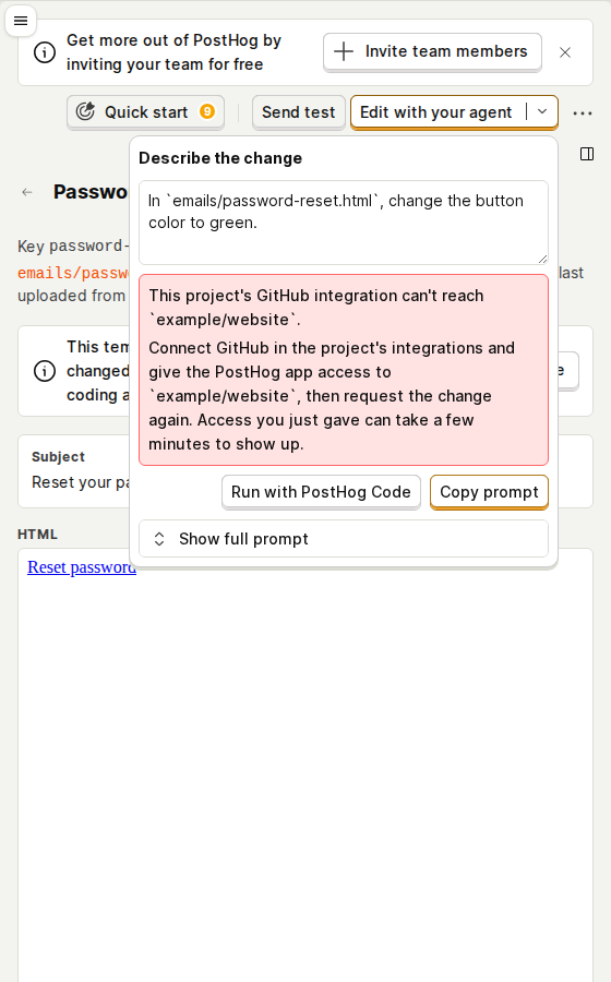 A repository the GitHub integration can't reach, with the server's detail and fix