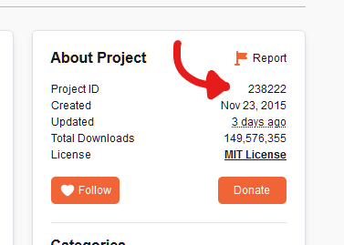 An image showing where the curseforge project ID is located on the project page