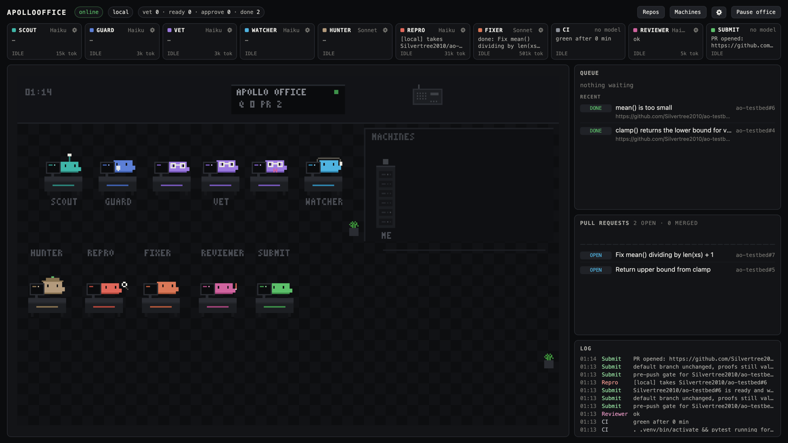 The office: a pixel floor with one desk per worker, the queue, pull requests and the log on the right