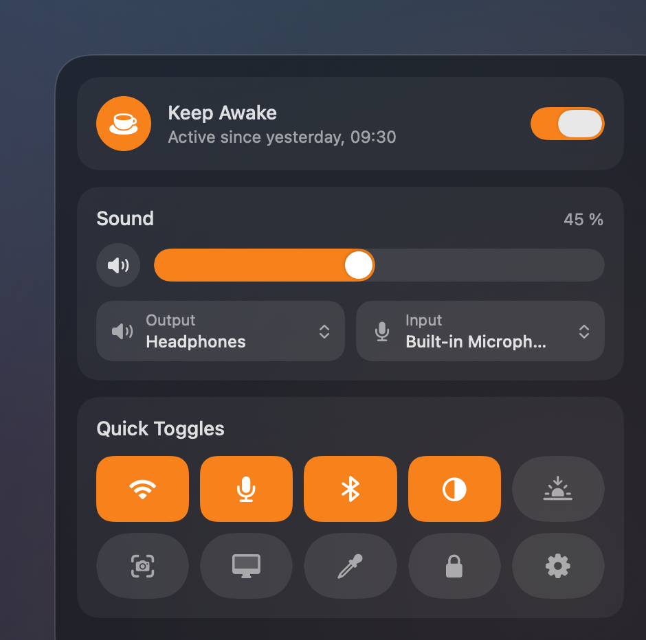 Control centre with keep awake, sound and quick toggles