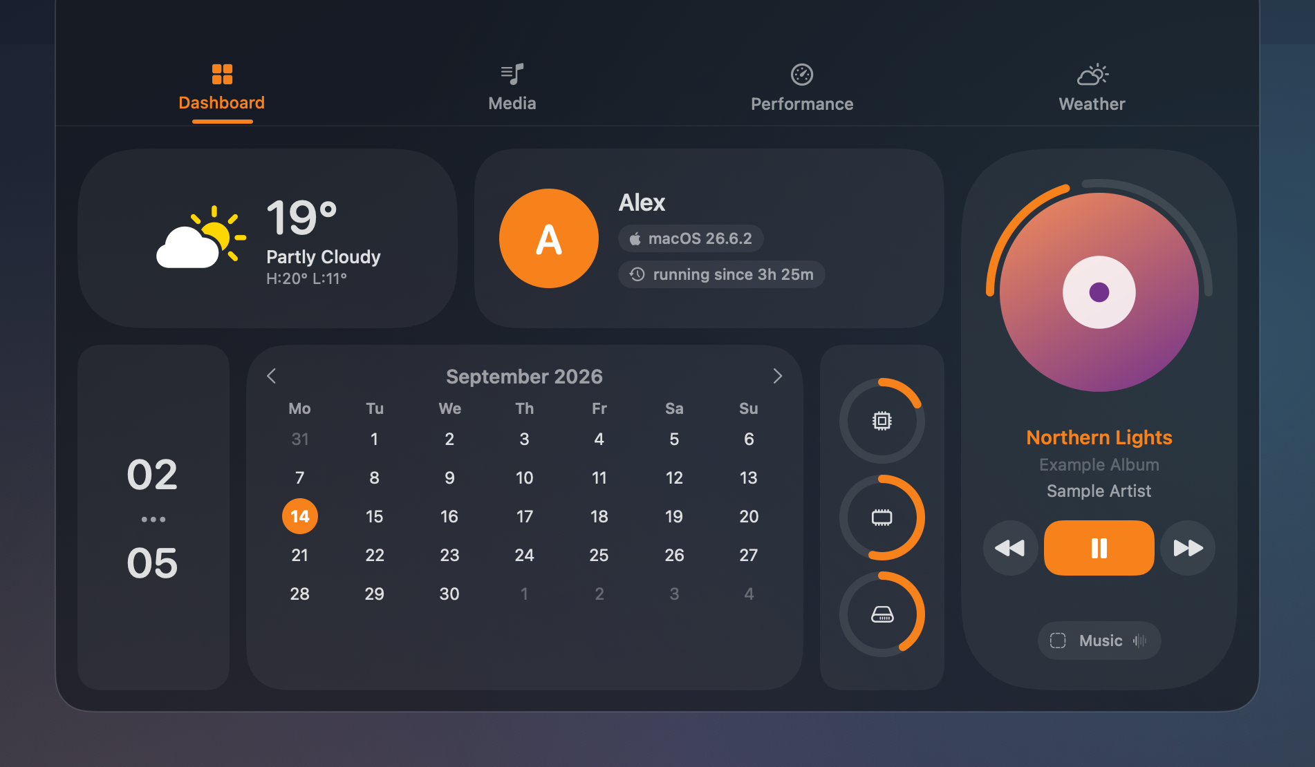 Dashboard with weather, calendar, resources and now playing