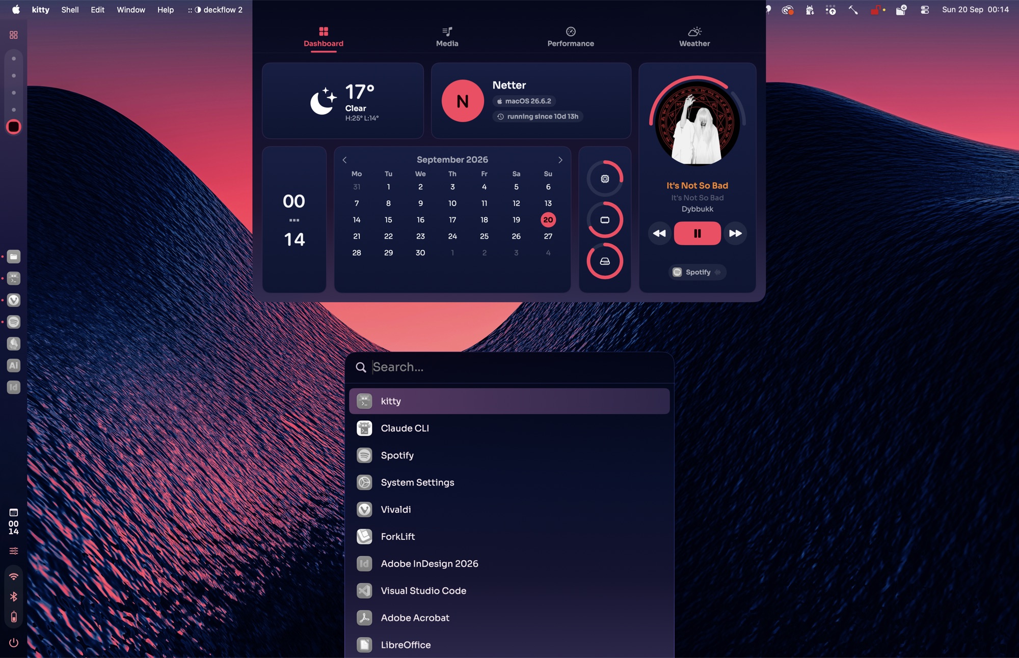 Dark navy theme with coral accents, dashboard and launcher open