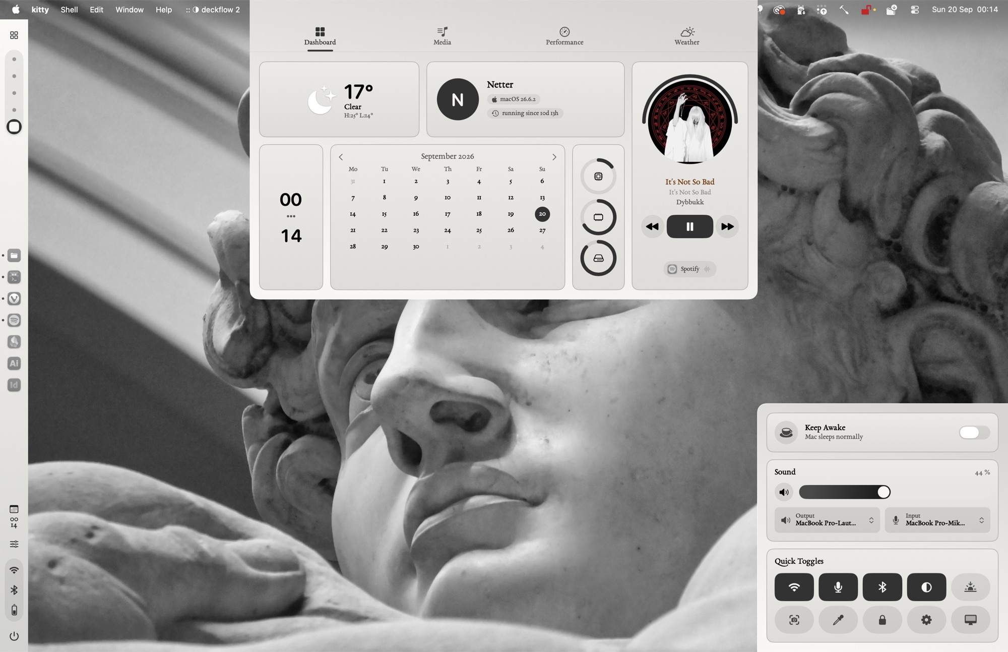 Light grey theme with a serif font, dashboard and control centre open