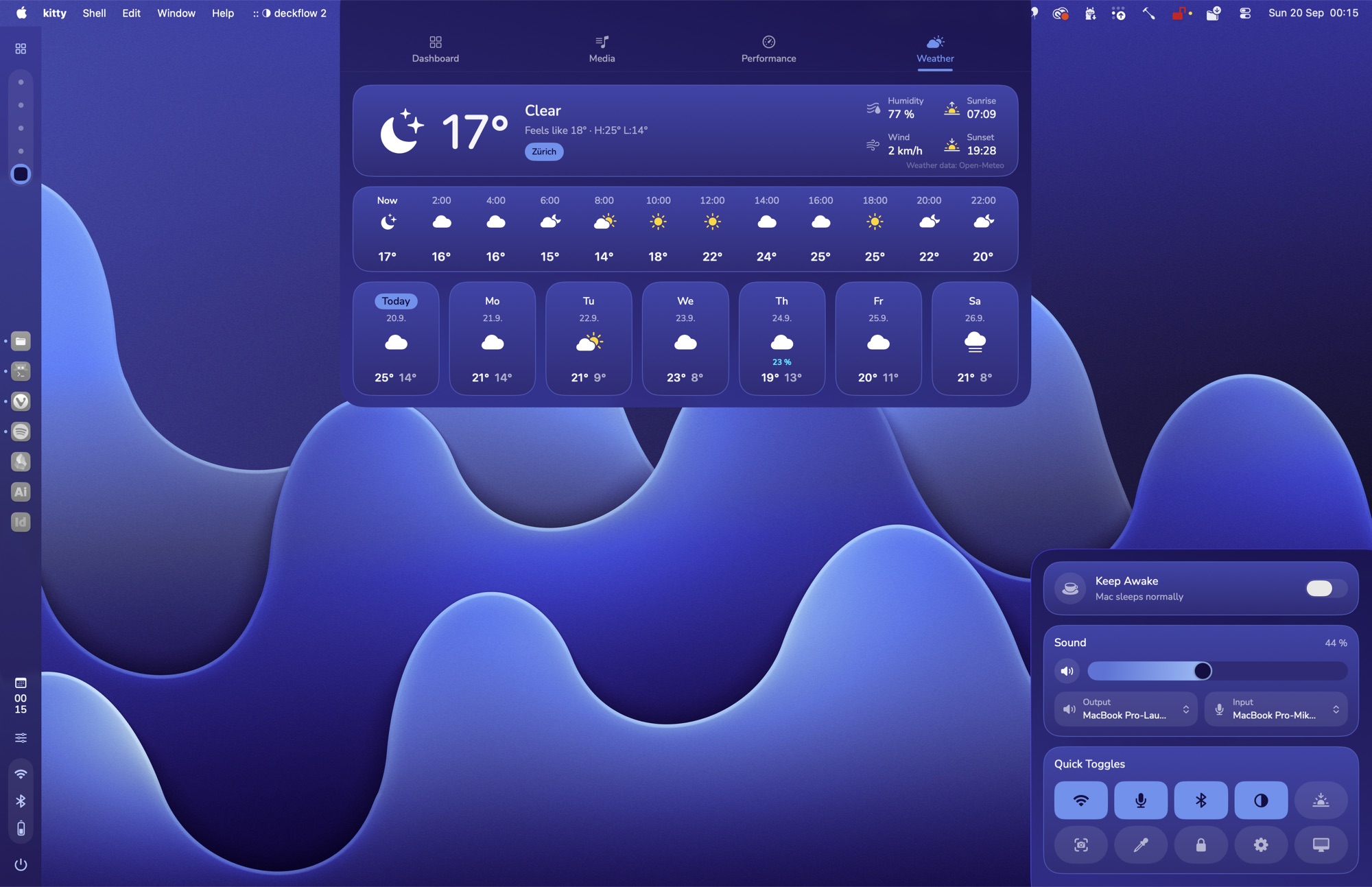 Indigo theme with round corners, weather page open