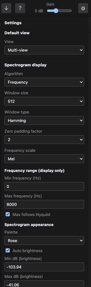 AudioLens spectrogram settings menu