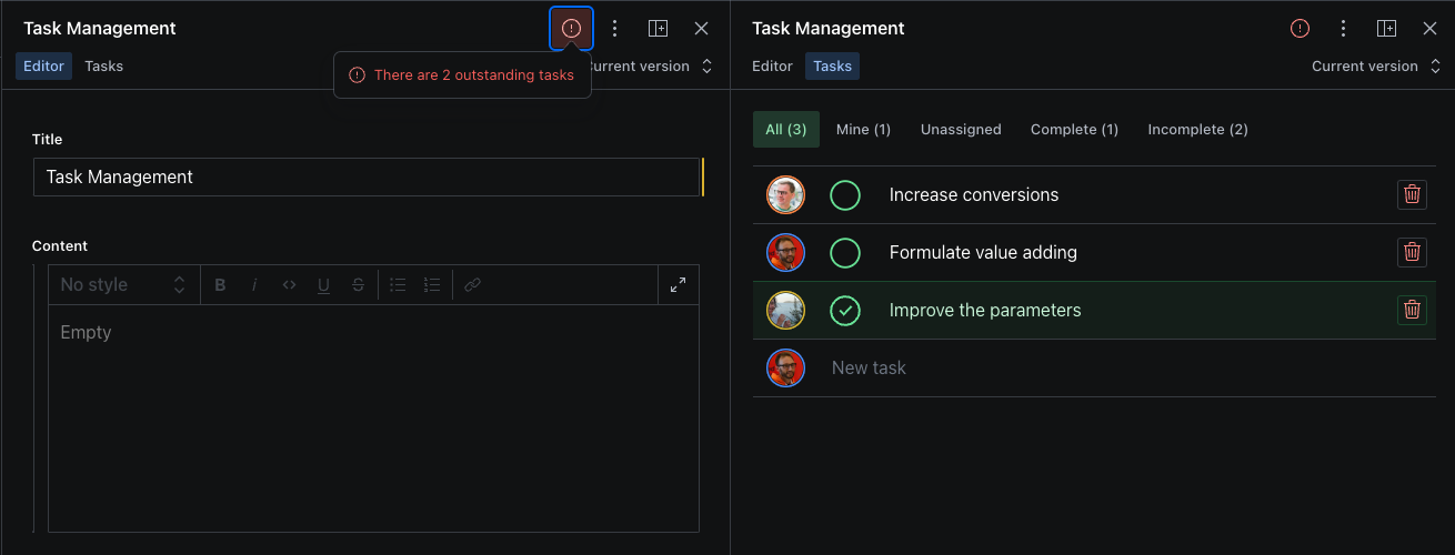 Task management interface in Studio
