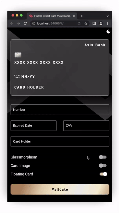 The example app showing card floating animation in web