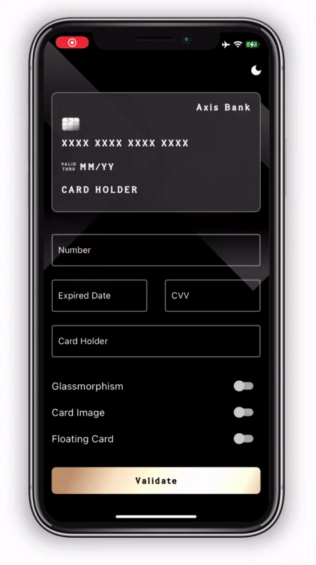 The example app showing card floating animation in mobile
