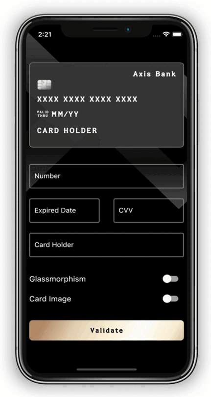 The example app showing credit card widget