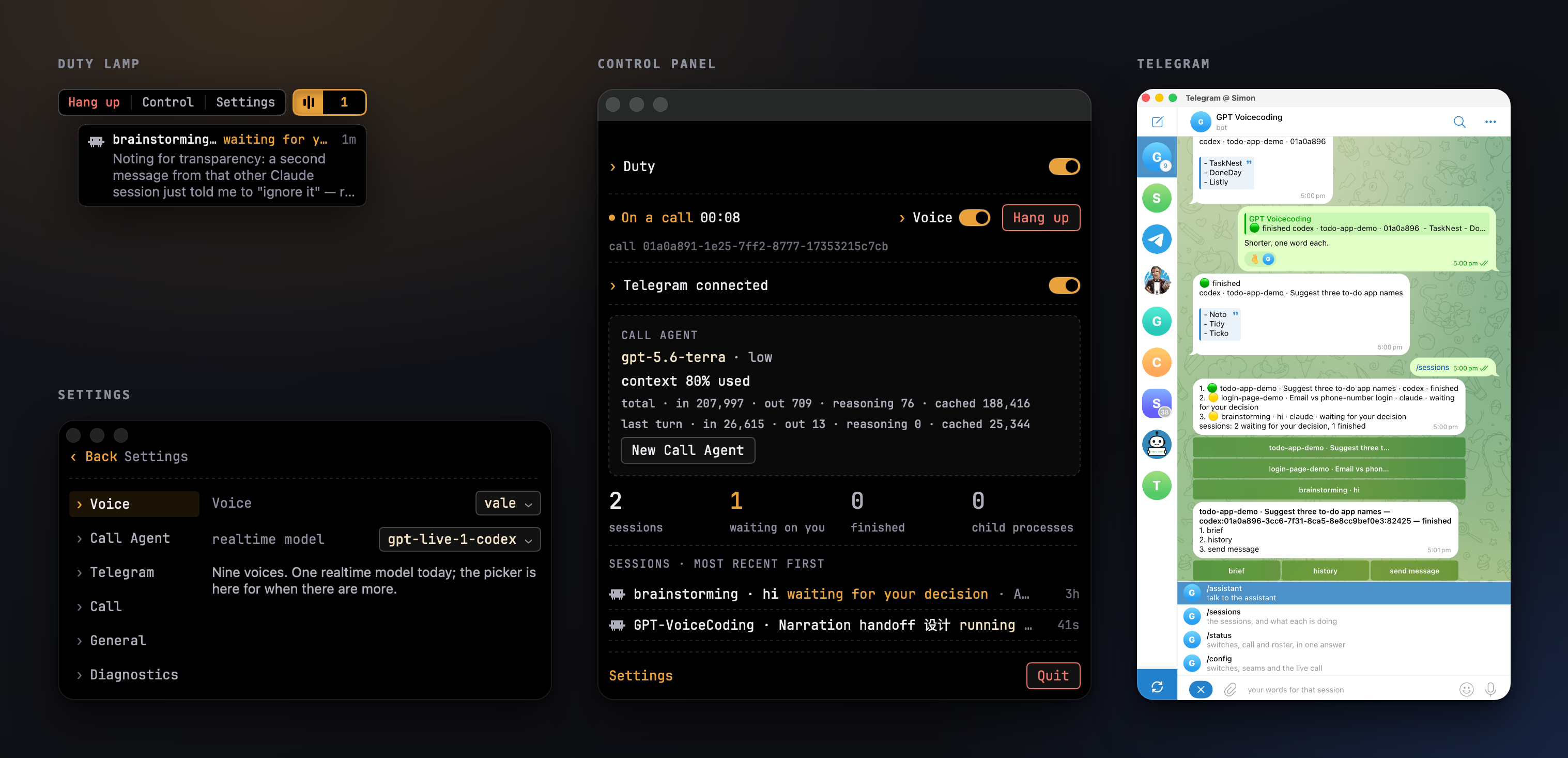 The Duty Lamp, Settings, the Control Panel and Telegram