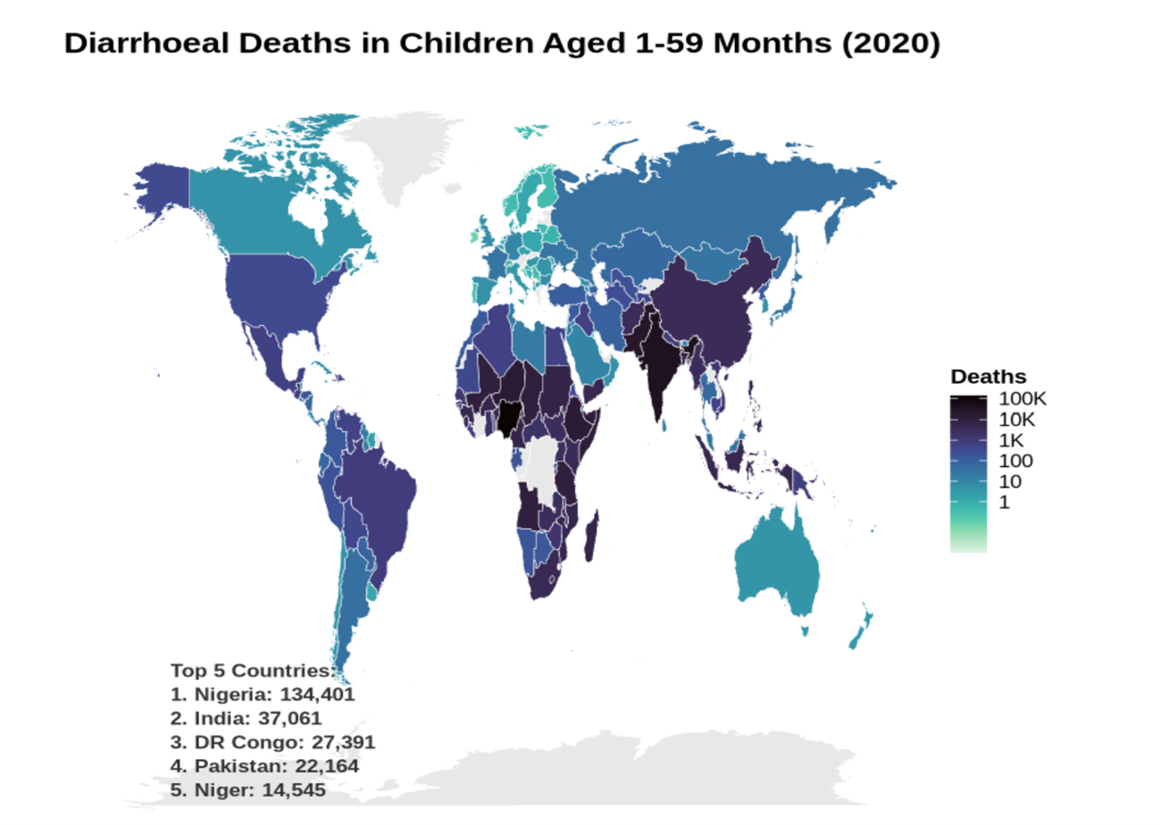 World map showing diarrhoeal deaths