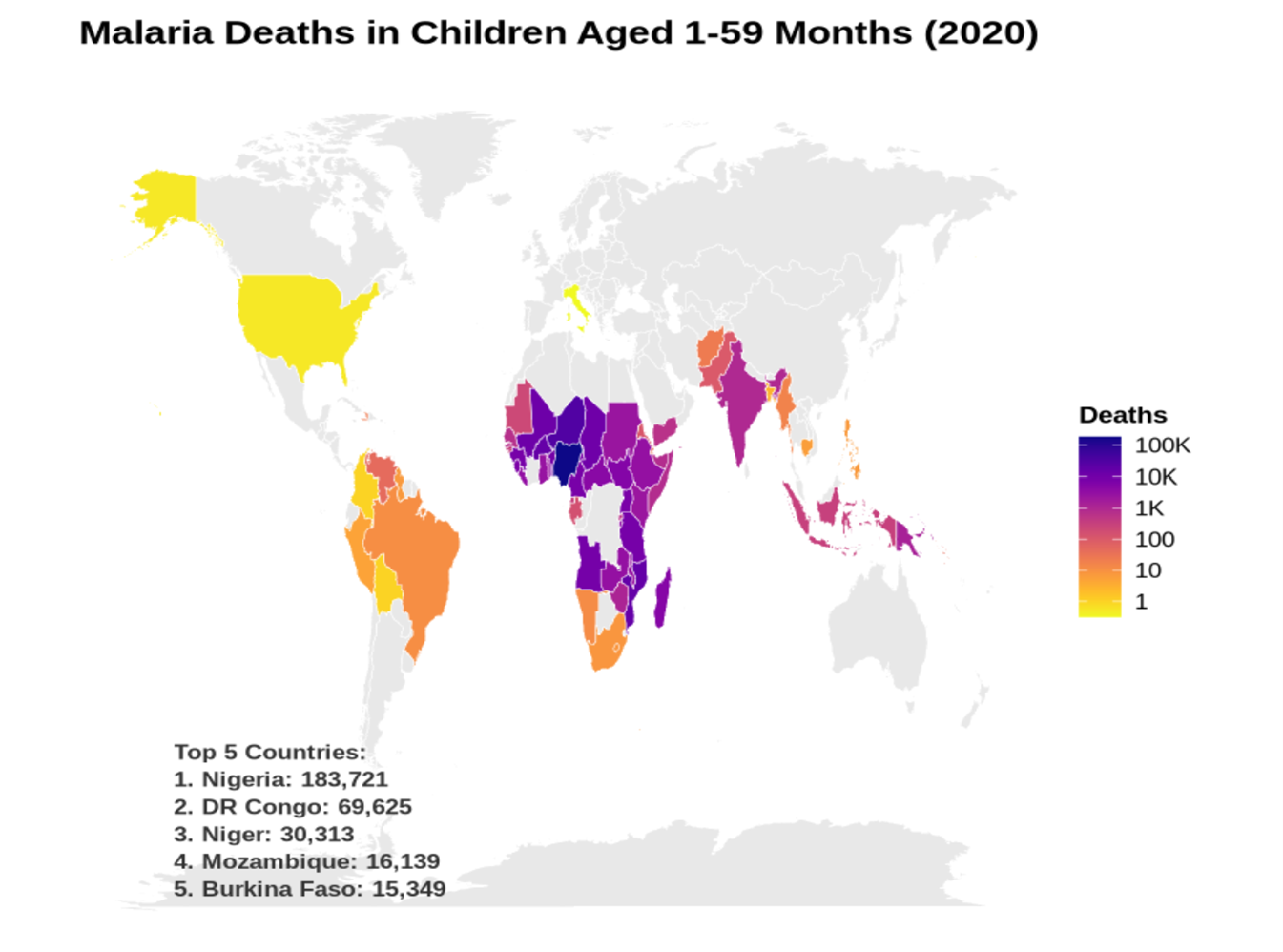 World map showing malaria deaths