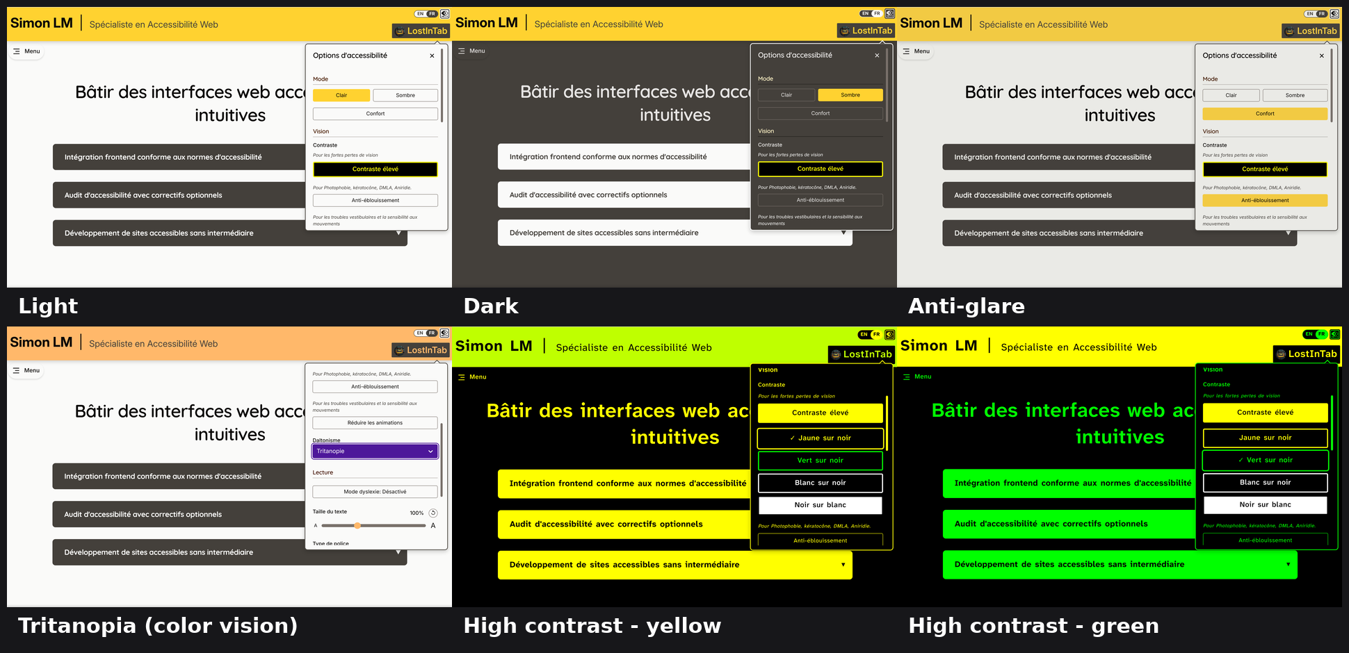 The same page rendered in six of the generated themes: light, dark,
anti-glare, tritanopia, high-contrast yellow-on-black and high-contrast
green-on-black. Each screenshot has the accessibility menu open over the
page.