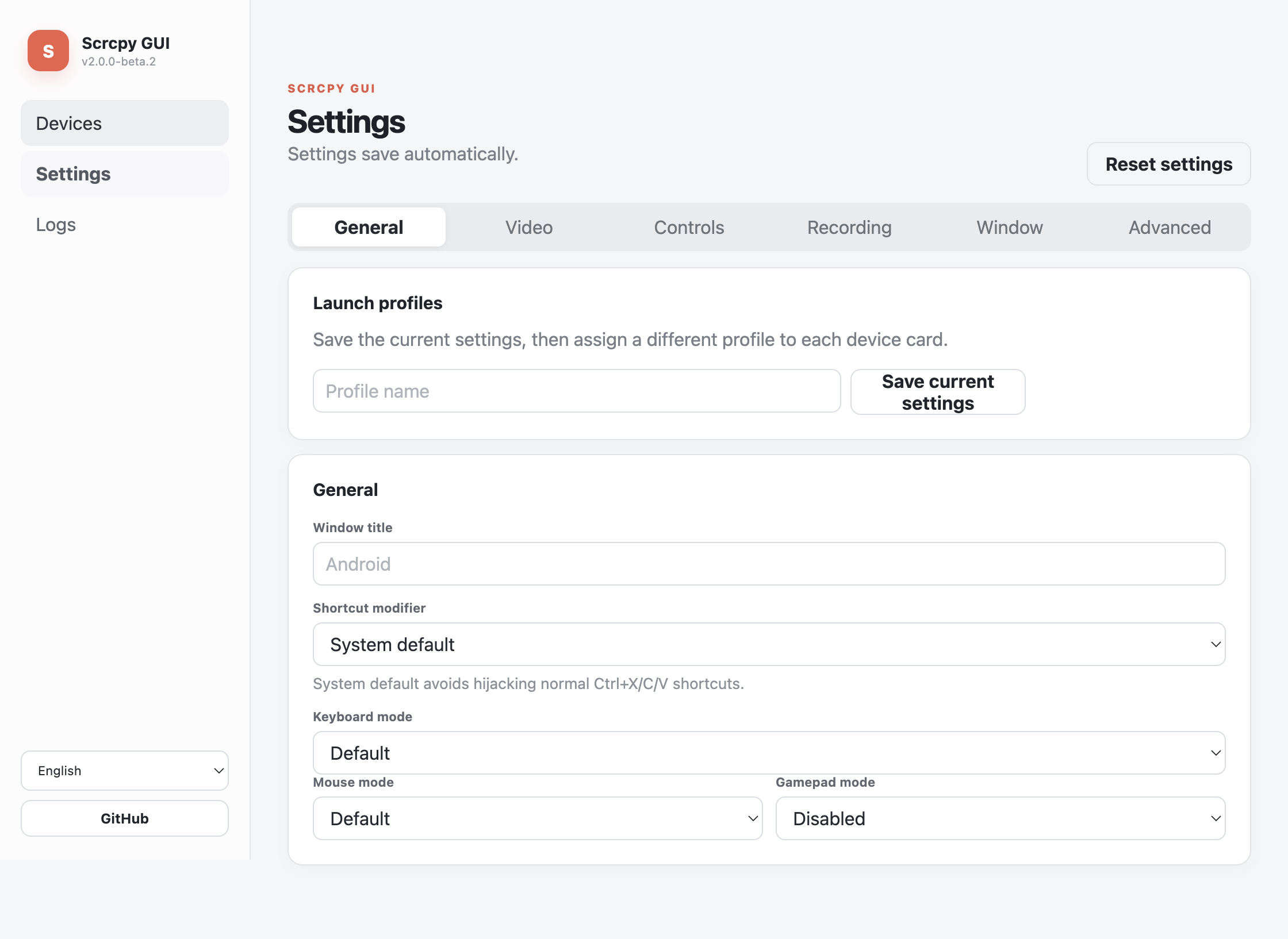 Scrcpy GUI settings screen