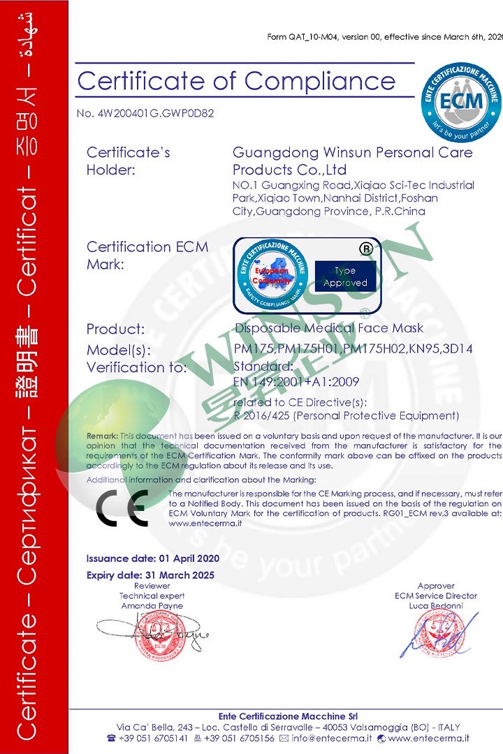 Winsun Certificate CE Medical Face Mask COC