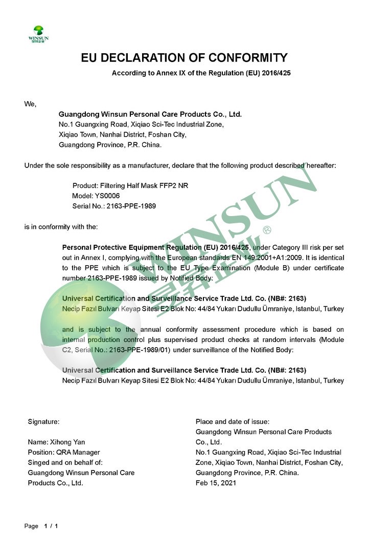 Winsun Certificate CE FFP2 DOC CE2163