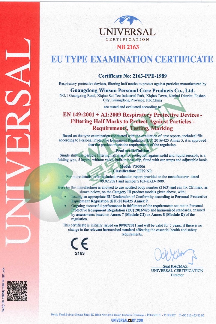 Winsun Certificate CE FFP2 Certificate CE2163