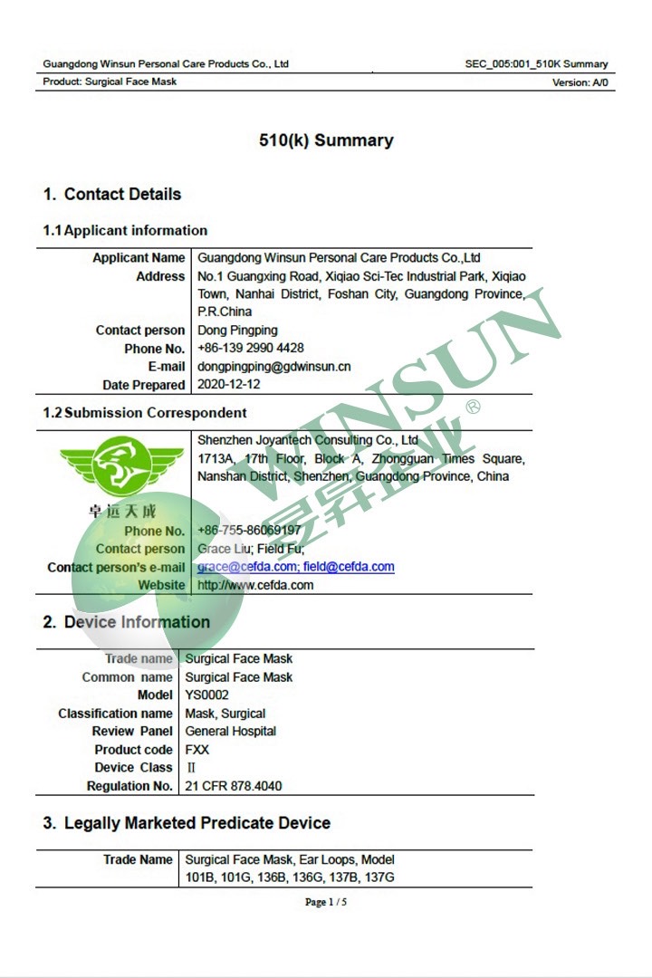 Winsun Certificate FDA 510K Surgical Face Mask Summary